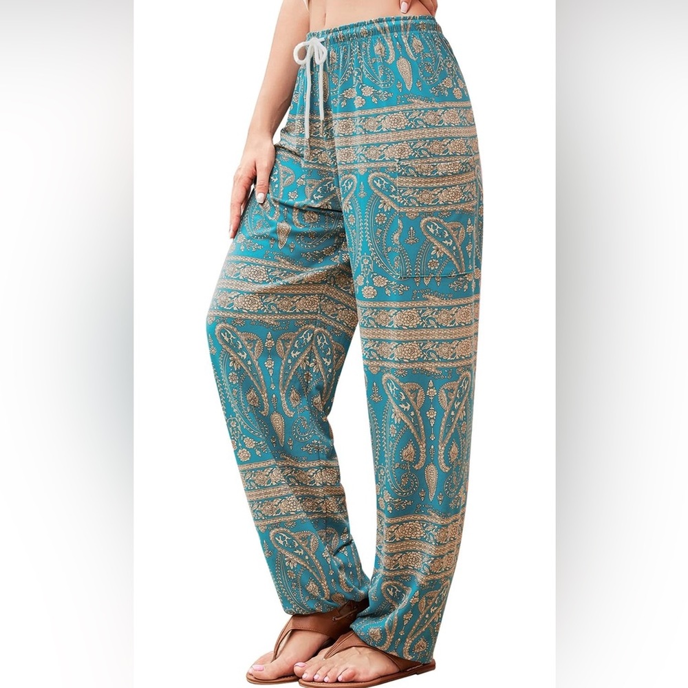 NWT Turquoise Floral Paisley Pattern Comfy Loose Pants with Elastic on Ankles